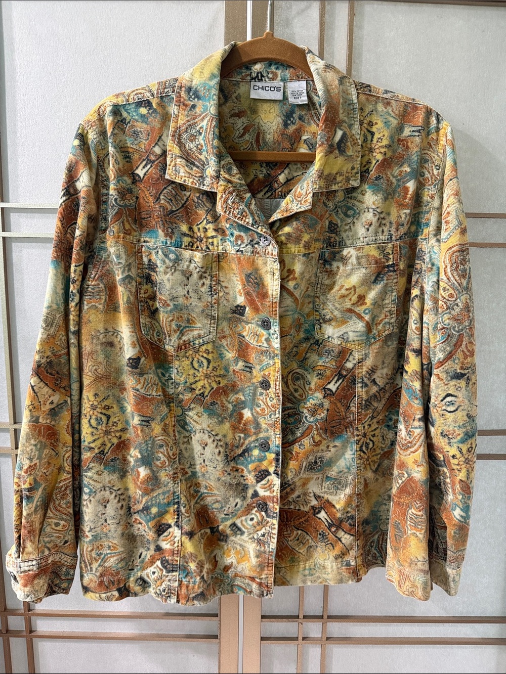 Chico’s size 3 multicolored paisley print corduroy button-up shirt